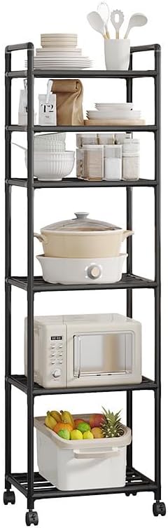 Black Shelving Unit, 42x 32 x 165 cm, 6 Tier Tall Narrow Shelving Unit with Wheels and Anti-Slip Feet, Adjustable Shelving (Black)
