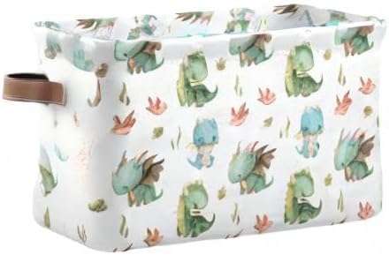 xigua Cute Dragon Storage Basket Collapsible Storage Bins Waterproof Canvas Storage Basket with Leather Handles for Home Closets Offices,Bedrooms,Gift Baskets,1PCS