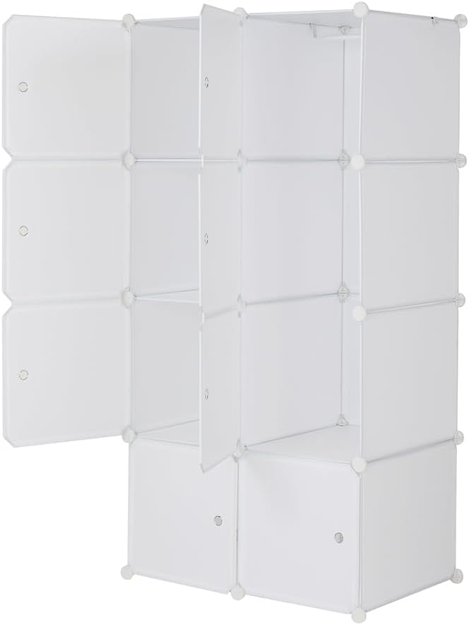 8 Cube Storage Organizer, Stackable Storage Shelves with Hanging Rod Customizable Closet Cabinet Durable Steel Frame Multi-Use DIY Design 13.8 inch Panels Max 10lb Capacity per Cube White