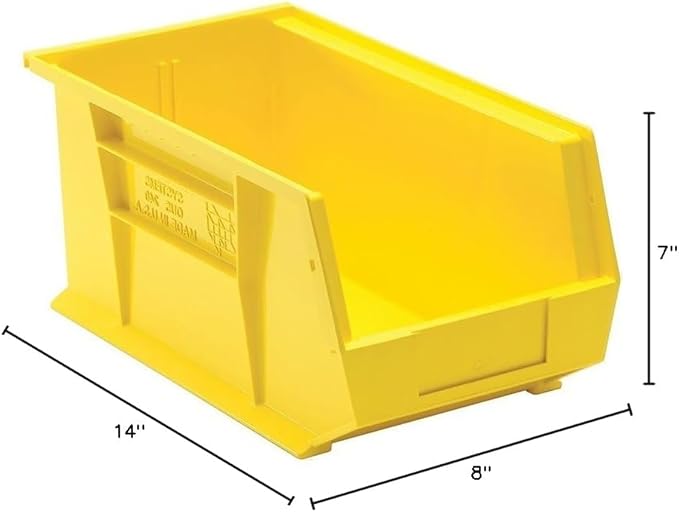 Quantum Storage QUS240 Heavy-Duty Stackable Plastic Storage Bins for Workshop, Warehouse & Garage, Ultra Stack & Hang, 14-3/4" x 8-1/4" x 7", Yellow, 12-Pack