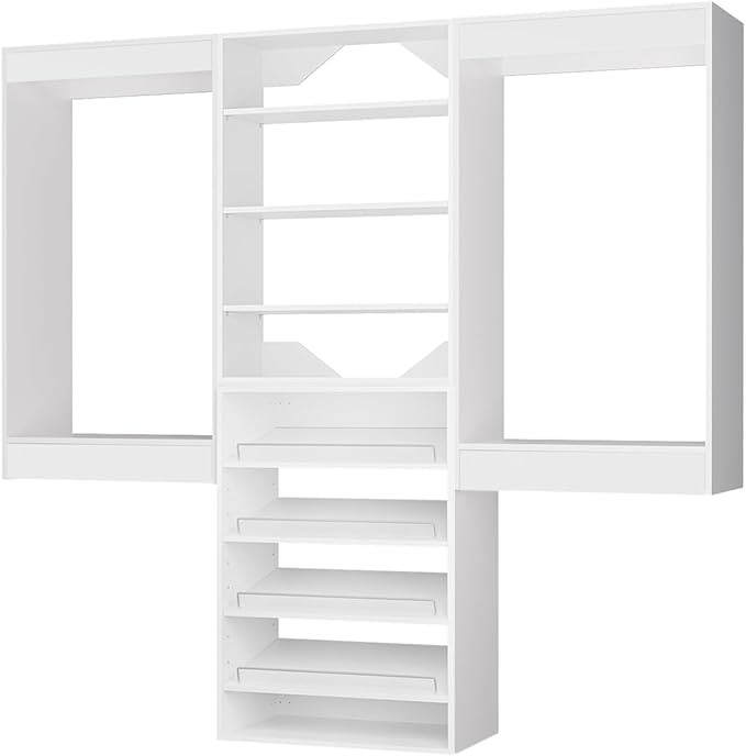 ROOMTEC Modular Closet System, 72" Wall Mounted Closet Organizer with Hanging Rods and Shoe Shelf, Wooden Tower for Walk-In Closets, Wardrobe Storage Kit, White