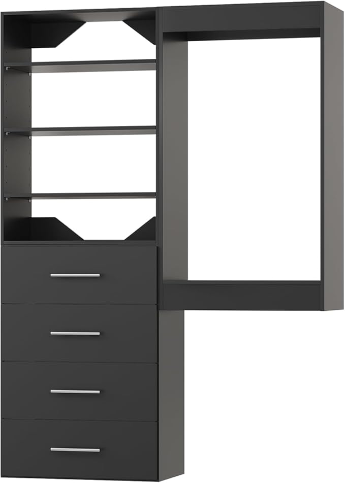 ROOMTEC Modular Closet System, 67" Wall-Mounted Closet Organizer with Drawers and Hanging Rods, Wooden Tower for Walk-In Closets, Wardrobe Storage Kit, Black