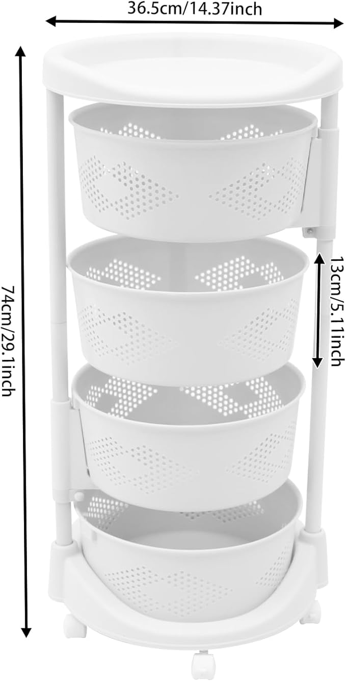Fruit Basket for Kitchen, 4 Tier Circular Rotating Basket Large Storage Rack with Wheels, Standing Shelf Storage, Multi-Layer Storage Shelves with Top Lid for Living Room, Office, White (4-Tier)