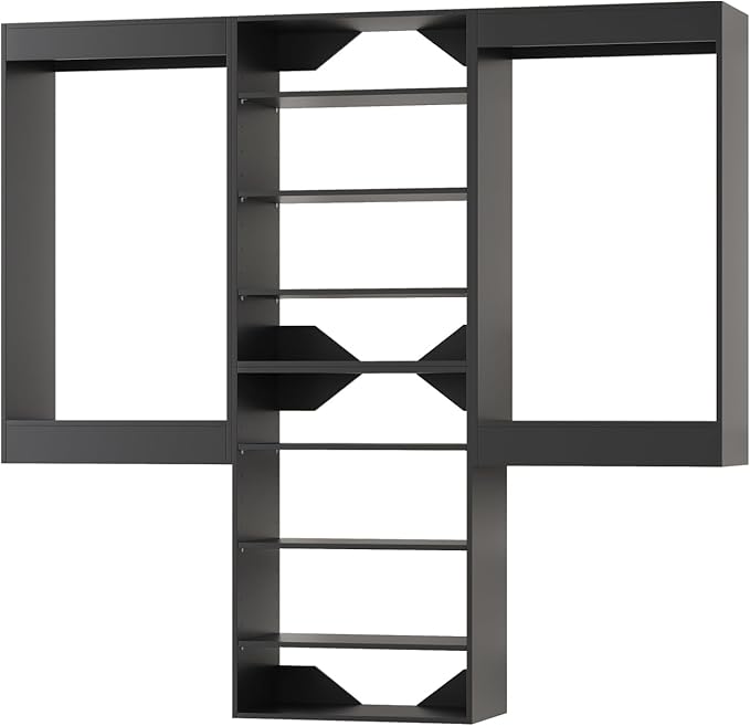 ROOMTEC Modular Closet System, 102" Wall-Mounted Closet Organizer with Hanging Rods and Shelves, Wooden Tower for Walk-In Closets, Wardrobe Storage Kit, Black
