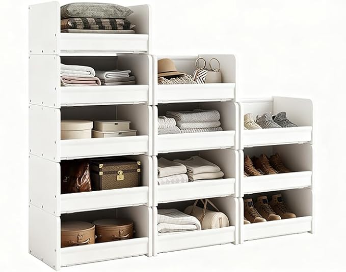 FOUCSSOMEI 4-Tier Stackable Closet Organizer and Storage, Closet Shelves – Heavy-Duty Closet Darwers Wood & Metal, Easy Assembly, Space-Saving,White, Patent Design