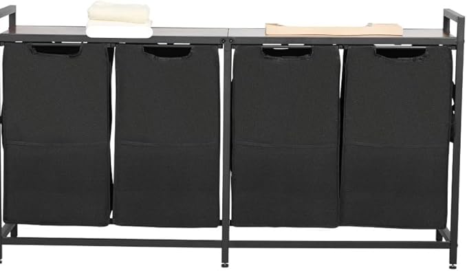 4 Section Laundry Sorter with Pull-Out Bags Metal Frame & Wooden Tabletop