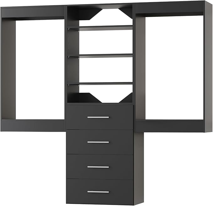 ROOMTEC Modular Closet System, 66" Wall-Mounted Closet Organizer with Drawers and Hanging Rods, Wooden Tower for Walk-In Closets, Wardrobe Storage Kit, Black