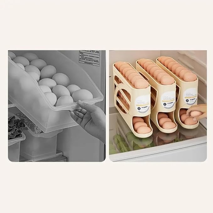 4 Tiers Egg Holder for Fridge, Automatic Egg Rolling Rack, 30 Eggs Storage Rack, Egg Distributor for Refrigerator, Egg Storage Rack for Kitchen (cream color)