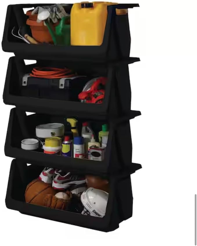 55 Gallon Stackable Storage Bin, Black, Heavy Duty, Space Saving, Multipurpose