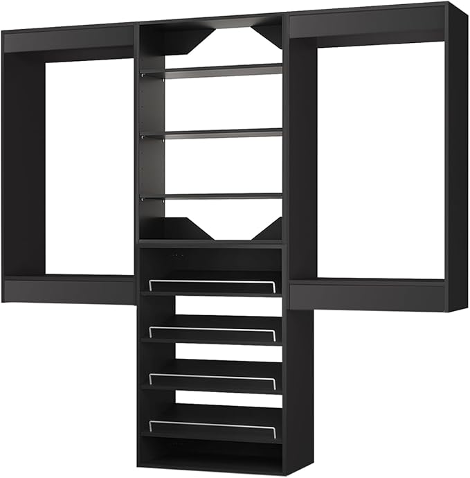ROOMTEC Modular Closet System, 84" Wall Mounted Closet Organizer with Hanging Rods and Shoe Shelf, Wooden Tower for Walk-In Closets, Wardrobe Storage Kit, Black