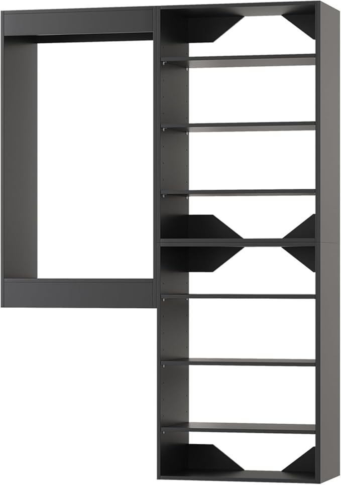 ROOMTEC Modular Closet System, 67" Wall-Mounted Closet Organizer with Hanging Rods and Shelves, Wooden Tower for Walk-In Closets, Wardrobe Storage Kit, Black