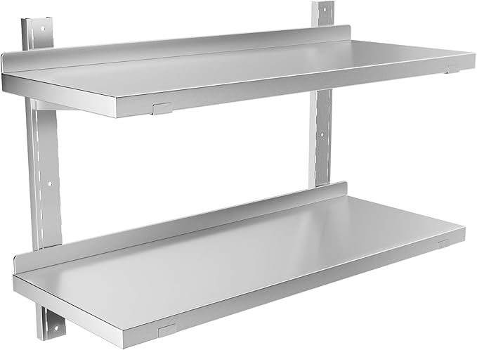 Stainless Steel Shelf, 31.5" x 12.6" Commercial Floating Wall Shelf with Brackets, 110Lbs Capacity, Adjustable Double-Layer Metal Heavy Duty Storage Rack for Restaurant, Kitchen Bar Home Hotel