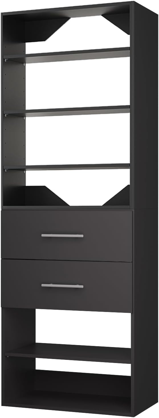 ROOMTEC Modular Closet System, 31.5" 2 Drawer Shelf Closet Tower Wall-Mounted Closet Organizer, Wooden Tower for Walk-In Closets, Wardrobe Storage Kit, Black