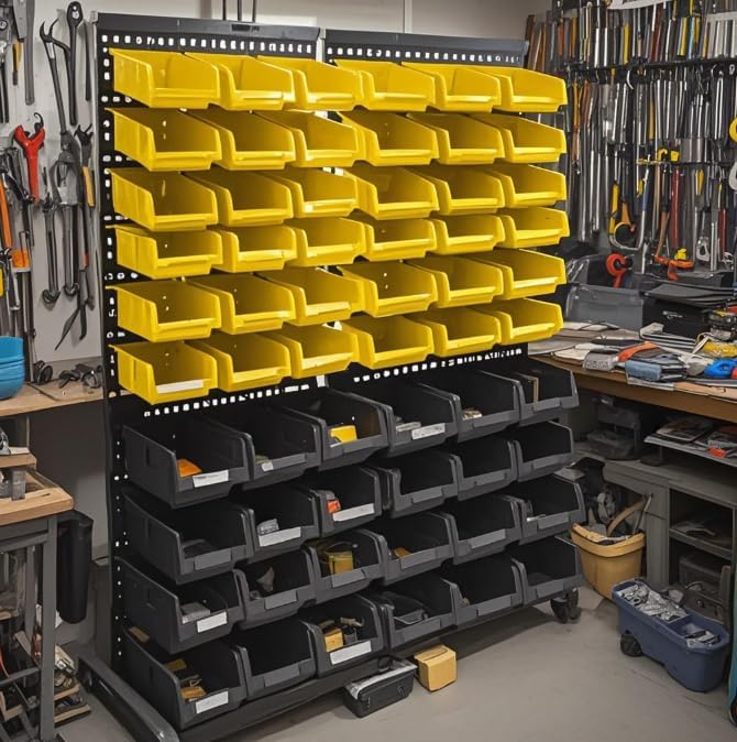 Wall Mounted Storage Bins, Nut and Bolt Organizer, Plastic Bolt Bin, Screw Organizer, Storage Bins for Garage (YELLOW+BLACK, LARGE(60PCS))