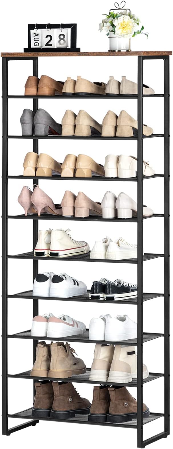 HOOBRO 10-Tier Shoe Rack for Entryway, 23.6" L Shoe Storage Organizer, Large Capacity Shoe Shelf for Closet, Front Door Entrance, Hallway, Holds 27-30 Pairs of Shoes, Rustic Brown and Black BF601XJ01