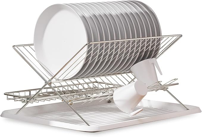 Collapsible Dish Drying Rack Space Saving Foldable Drying Rack Dishes,Stainless Steel(304) Dish Racks for Kitchen Counter,Campact Kitchen Metal 2-Tier Large