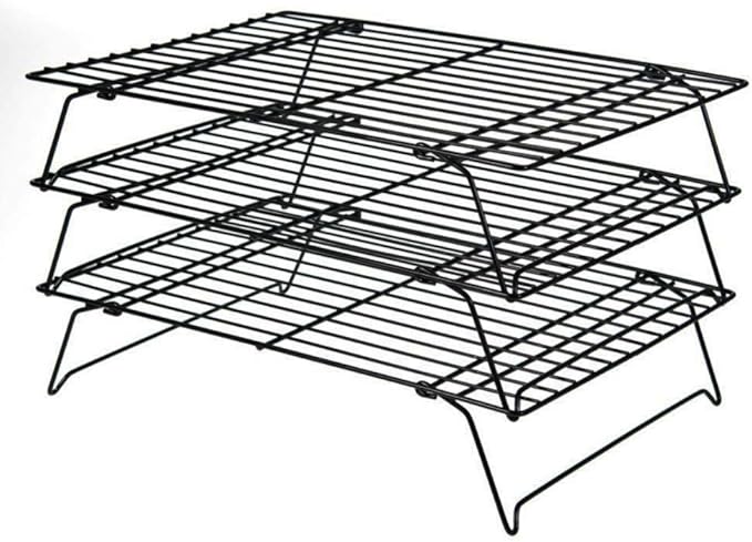 PowerKing 3 Tier Cooling Rack, Foldable Non-Stick Stainless Steel Wire Cake Rack for Pies, Cookies, Pastries, Home Baking, Birthday Party, Wedding Party 15.7'' x 10'' (Black 3 Tier)
