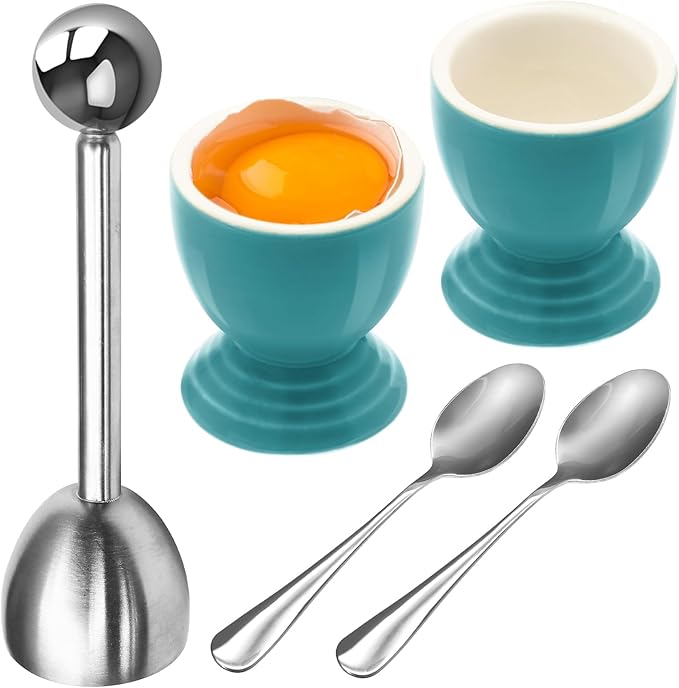 Colorful Soft Boiled Eggs Cups Set, 2 Ceramic Egg Stands and 1 Stainless Steel Egg Cutter, 2 Perfect Egg Spoons for Kitchen and Breakfast Host(Caribbean)