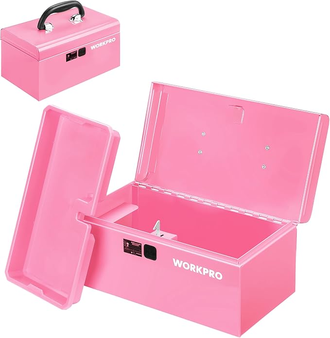 WORKPRO 10.8" Portable Mini Metal Tool Box with Removable Color-Matching Tray, One-Button Latch Toolbox, Steel Tool Chest with PP Handle, Compact Storage Organizer for Home, Office or Workshop