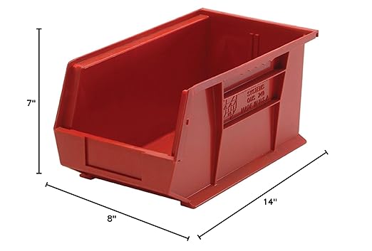 QUANTUM STORAGE SYSTEMS K-QUS240RD-3 3-Pack Stack and Hang Plastic Bin Storage Containers, 14" x 8" x 7", Red