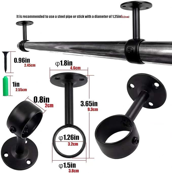 1-1/4 Inch 4 Packs Black Heavy Duty Stainless Steel Closet Rod End Supports Closet Pole Sockets Flange Rod Holder with Screws, Closet Rod Brackets (8 Packs 1-1/4 Inch Clothes Rod Bracket)