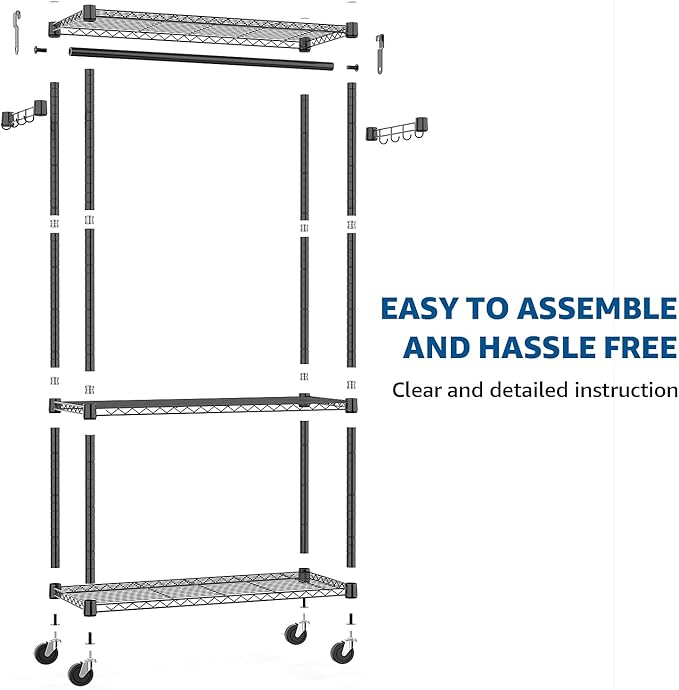M MZG Heavy Duty Rolling Garment Rack 3 Tiers Adjustable Wire Shelving Clothes Rack with Rods and Side Hooks,Storage Closet Clothing Rack with Wheels Black 15.7" D x 29.5" W x 74.5" H