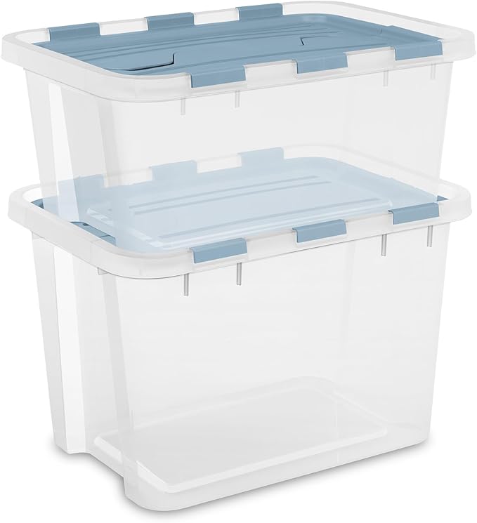 Sterilite 6 Pack Hinged Lid Storage Box, 20 Qt Plastic Container, Washed Blue - Home Organizer Tote for Storing Shoes, Crafts, Clothing, or Decor