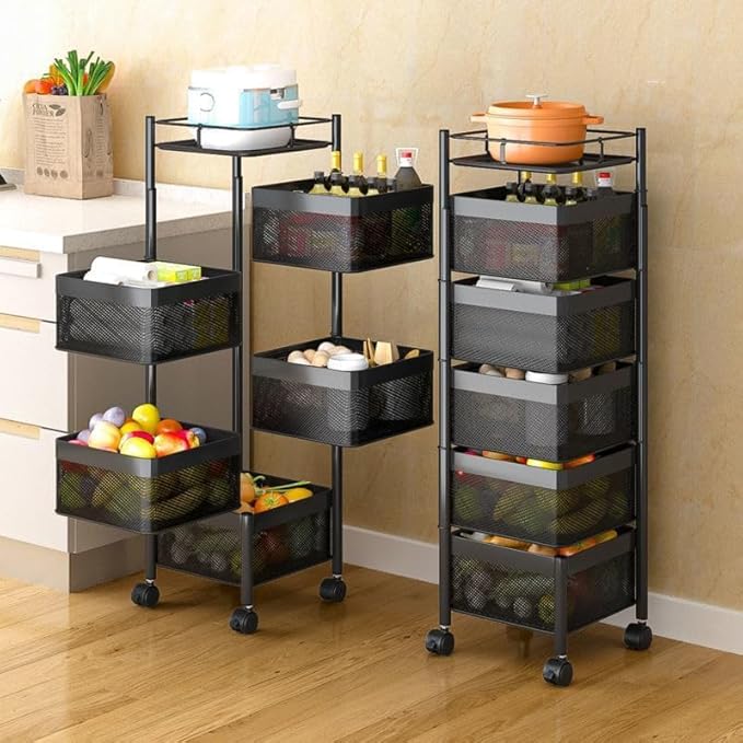 Rotating Rack with Lockable Casters & Removable Stainless Steel Basket, Fruit & Vegetable Storage Rack for Kitchen, Bathroom or Bedroom (Black, 5 Tier)
