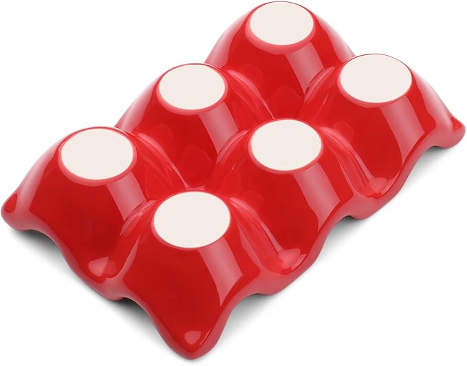 Flexzion Ceramic Egg Tray - 6 Egg Capacity Half Dozen Holder, Red Decorative Serving Dish and Storage Organizer, 2 Pack