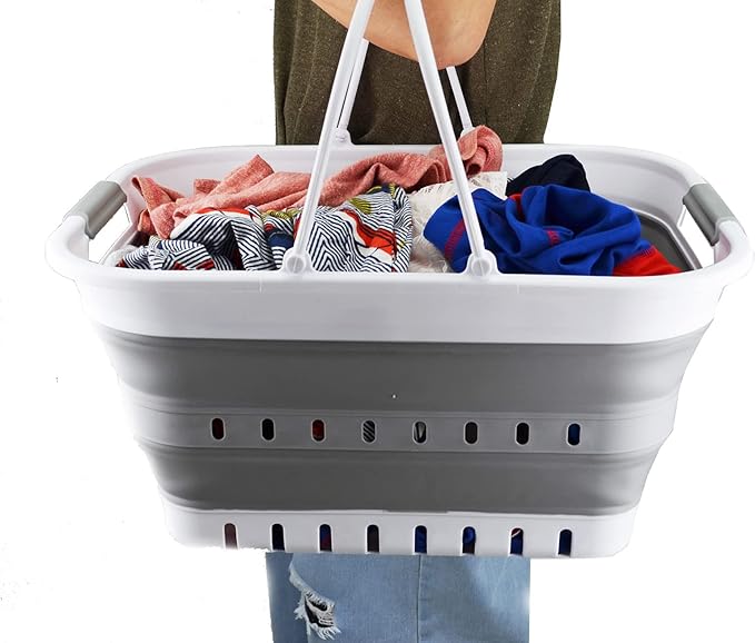 SAMMART 29L (7.6 Gallon) Collapsible Tub with Handle - Portable Outdoor Picnic Basket/Crater - Foldable Shopping Bag - Space Saving Storage Container (White/Grey, 1)