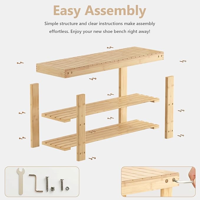 Sweetcrispy Shoe Rack Bench, 3-Tier Bamboo Entryway Storage Organizer, 286lb Capacity, Shoes Stand for FrontDoor Entrance, Bedroom, Living Room, Bathroom, Balcony, 19 Inches Length, Wood