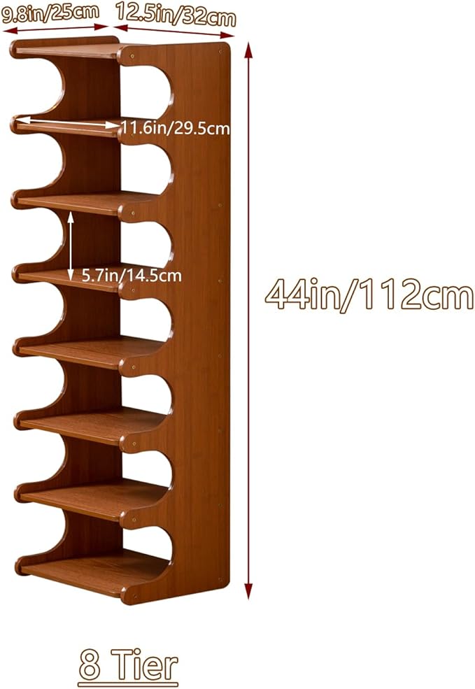 Tall Narrow Solid Wood Shoe Rack, 8 Tier Vertical Wooden Shoe Storage Tower, Freestanding Corner Multi-Layer Organizer for Entryway(12.6" L x 9.84" W x 44.1" H)