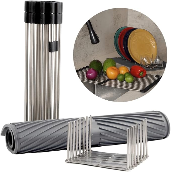 3-in-1 Over Sink Dish Drying Rack β Roll-Up Sink Rack, Silicone Mat & Folding Dish Rack β Multi-Functional, Space-Saving Kitchen Organizer (Black)