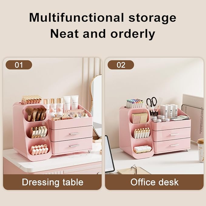 Booklov Makeup Organizer for Vanity, Large Capacity Cosmetic Display Case with Drawers, Countertop Beauty Storage Holder for Skincare, Brush Eyeliner Perfume Eyeshadow Lipsticks, Counter Desk, Pink