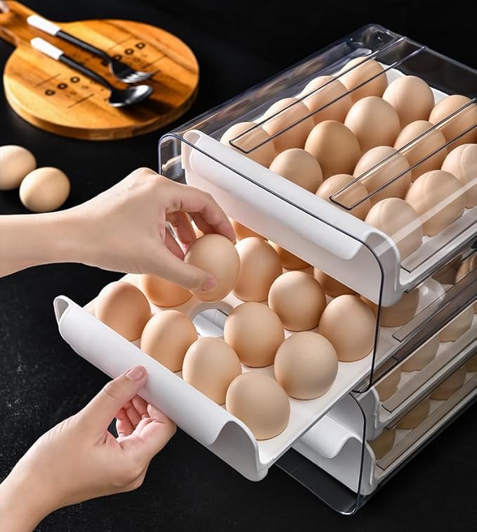 SYLAB Egg Holder for Refrigerator - 40 Eggs Capacity, 2-Tier Stackable Auto-Rolling Egg Container with Drawer & Handles - Clear BPA-Free Egg Storage Organizer for Fridge, Kitchen Countertop & Pantry