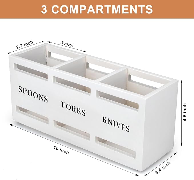 Wooden Silverware Cutlery Holder White Flatware Caddy Kitchen Utensils Holder for Party Wood Silverware Organizer Storage Containers for Countertop Spoon and Fork Holder Flatware Silverware Caddies
