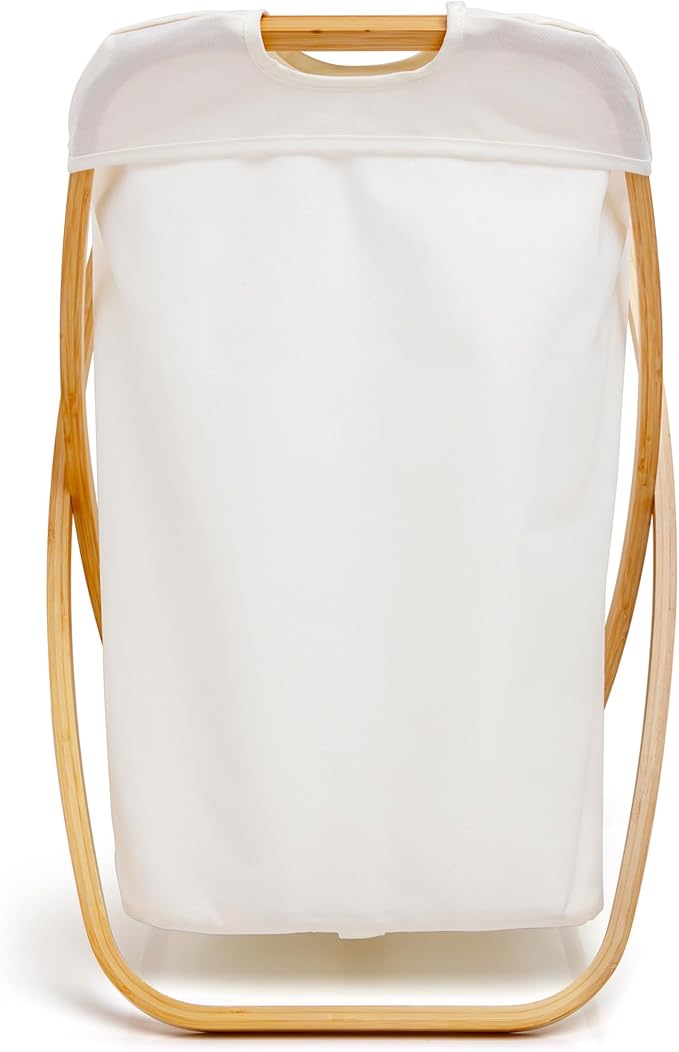 QUALIAZERO 72L Bamboo X-Frame Laundry Hamper โ Foldable Single Section Clothes Basket with Removable Bag & Bottom Handle, Ideal for Bathroom, Bedroom, or Dorm (FEATHER CREAM, X-FRAME)