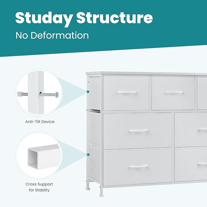 OLIXIS 7 Drawer Dresser for Bedroom, Wide Fabric Storage Tower with Wooden Top and Metal Frame, Closet Chest Organizer Furniture, TV Stand for Living Room Hallway, White