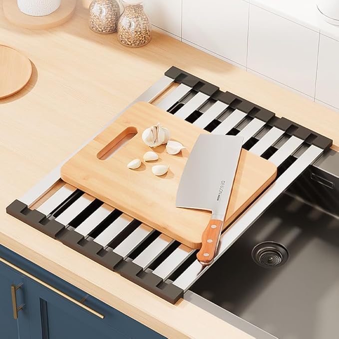 Stainless Steel Roll up Dish Drying Rack, Over Sink Foldable Kitchen Mat, 45cm x 32.5cm Rollable Sink Drainer, Space-Saving Design