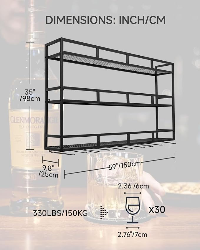 59" Large Wine Rack Wall Mounted with Bottle Glass Holder, 3-Tiers Metal Bar Shelves for Liquor Bottles with LED Light, Wall Wine Rack for Home, Restaurant, Commercial Bar, Kitchen Storage Display