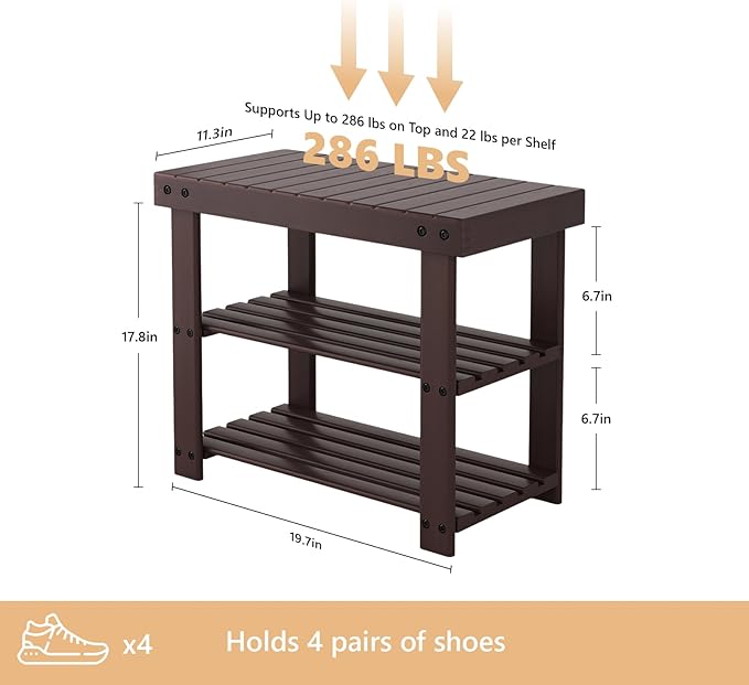 Sweetcrispy Shoe Rack Bench, 3-Tier Bamboo Entryway Storage Organizer, 286lb Capacity, Shoes Stand for FrontDoor Entrance, Bedroom, Living Room, Bathroom, Balcony, 19 Inches Length, Brown