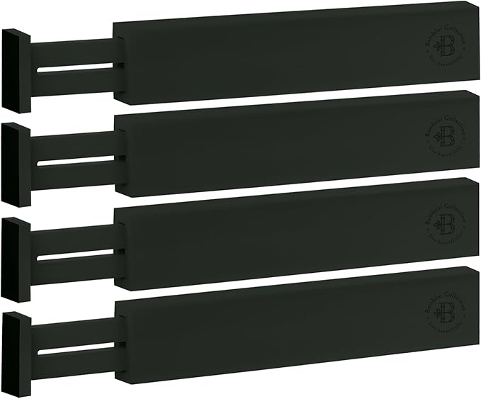 4-Pack Black Drawer Dividers - Fits Drawers 12.2 to 17.3 Inches Deep, 2.6 Inch High, 0.6 Inch Thick, Adjustable Bamboo Drawer Organizers Separators for Dresser Clothes, Kitchen, Bathroom, Home, Office