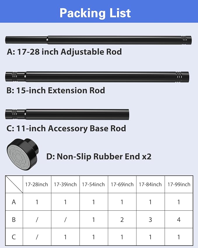 Supforce 2 Pack No Drilling Closet Rods for Hanging Clothes, Non Slip Tension Rod with Heavy Duty Clothes Hanging Rod, 17-39 Inches Adjustable Spring Closet Rod for Closet Wardrobe Bathroom RV, Black