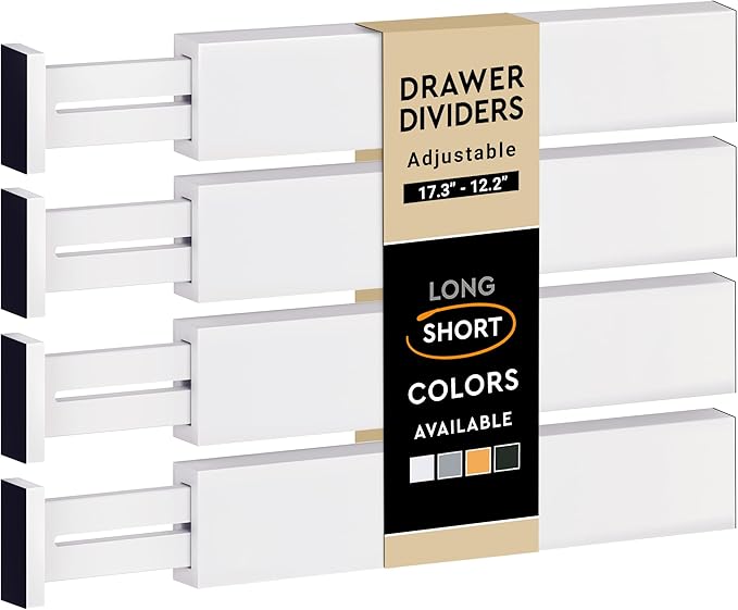 4-Pack White Drawer Dividers - Fits Drawers 12.2 to 17.3 Inches Deep, 2.6 Inch High, 0.6 Inch Thick, Adjustable Bamboo Drawer Organizers Separators for Dresser Clothes, Kitchen, Bathroom, Home, Office