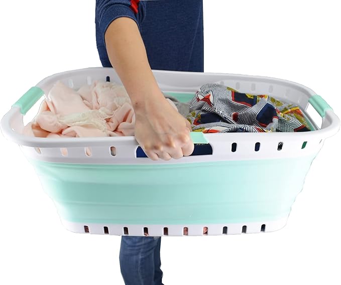 SAMMART 44L (11.62 gallon) Collapsible Plastic Laundry Basket - Foldable Pop Up Storage Container/Organizer - Portable Hamper - Space Saving (1, White/Light Green)