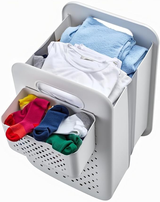 Goderewild Large Collapsible Laundry Basket with Detachable Hanging Organizer, Space-Saving Wall-Mounted Hamper for Home, Dorms, RVs, Main Basket Measures 13" x 9.5" x 17.5" In