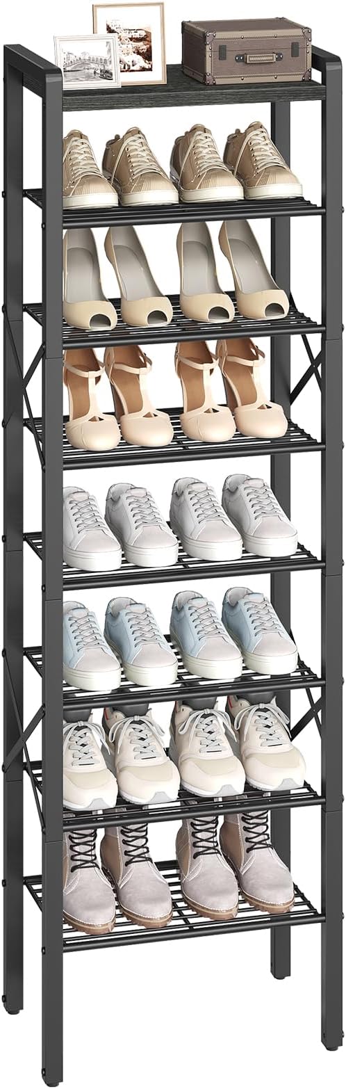 YATINEY 8-Tier Narrow Shoe Rack, Tall Shoe Rack for 8-16 Pairs, Slim Shoe Storage Organizer with Wooden Top, Space Saving, Metal Frame, for Entryway, Charcoal and Black SS608BC