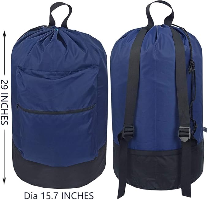 Washable Laundry Bag Backpack with Zipper Pocket, Heavy Duty Clothes Bag, 2 Strong Adjustable Shoulder Straps with Drawstring Closure for Travel, Camping or College, Navy Blue