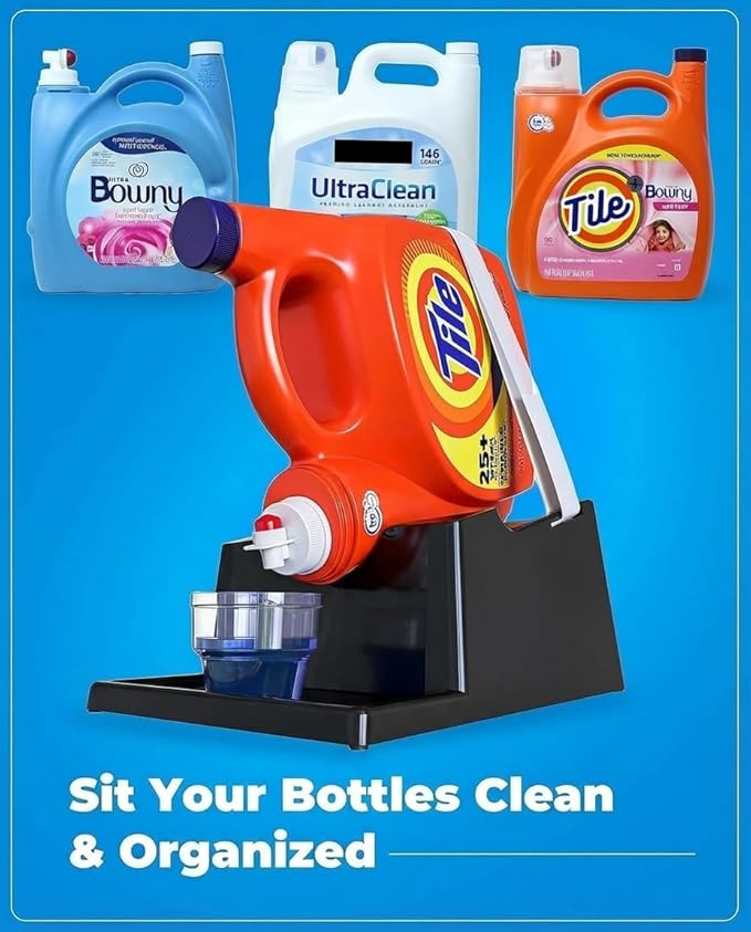 TidyFriend 2 Pack Liquid Laundry Detergent Holder Stand with Strap, Drip Tray & Rubber Feet, Stand for Laundry Room Organization and Storage, Fabric Softener Dispenser Holder for Easy Pouring (Black)