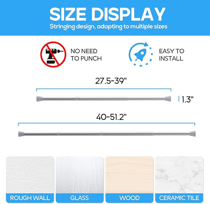 Tension Curtain Rod Silver Tension Rod 28 To 48 Inch Spring Curtain Rod Non Slip Tension Rods 1pcs For Windows No Drilling Adjustable Tension Rods of Curtain Window Closet Kitchen Wardrobe